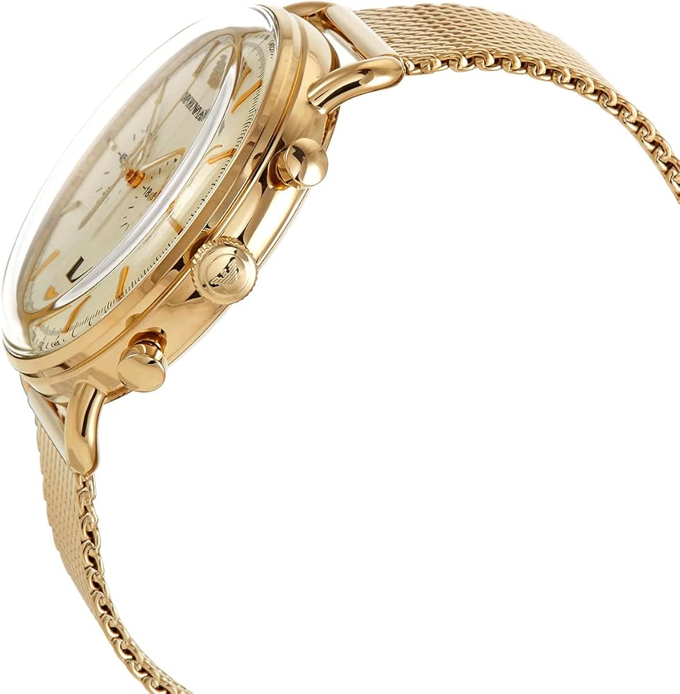 Emporio Armani Aviator Chronograph Quartz Beige Dial Gold Mesh Bracelet Watch For Men - AR11315