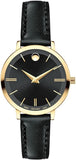 Movado 0607095 Ultra Slim Women's Watch – Black Dial & Black Leather Strap
