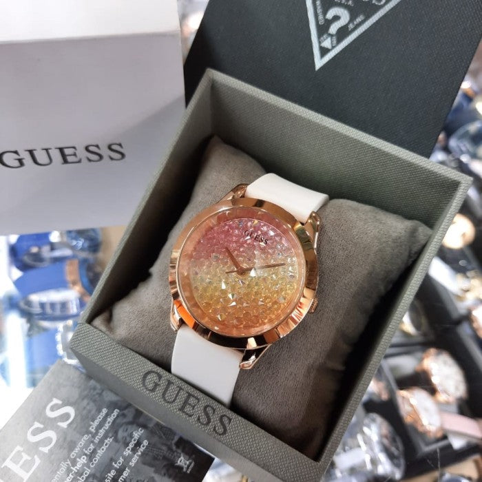 Guess Crush Crystals Gold Dial White Rubber Strap Watch for Women - W1223L3