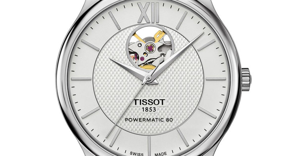 Tissot T Classic Tradition Powermatic 80 Open Heart Silver Dial Brown Leather Strap Watch for Men - T063.907.16.038.00