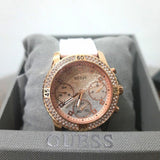 Guess Confetti Crystal Rose Gold Dial White Silicone Strap Watch For Women - W1098L5