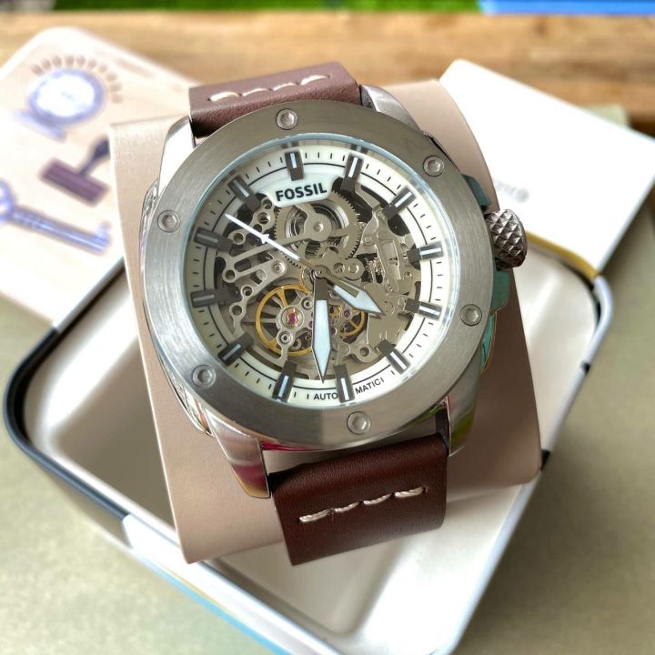 Fossil Modern Machine Automatic Skeleton White Dial Brown Leather Strap Watch for Women - ME3083