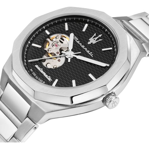 Maserati Stile Skeleton Automatic Black Dial Silver Steel Strap Watch For Men - R8823142002