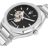 Maserati Stile Skeleton Automatic Black Dial Silver Steel Strap Watch For Men - R8823142002