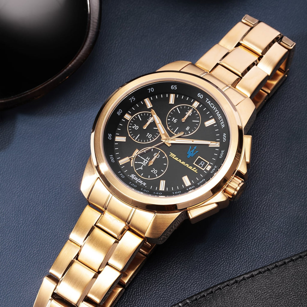 Maserati Successo Black Dial Gold Stainless Steel Watch For Men - R8873645002