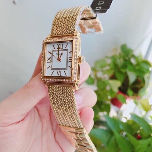 Guess White Dial Gold Mesh Bracelet Watch For Women - W0826L2
