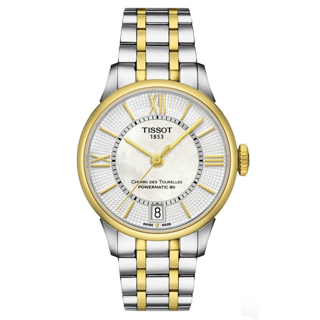 Tissot Chemin Des Tourelles Powermatic 80 Lady Mother of Pearl White Dial Two Tone Steel Strap Watch For Women - T099.207.22.118.00