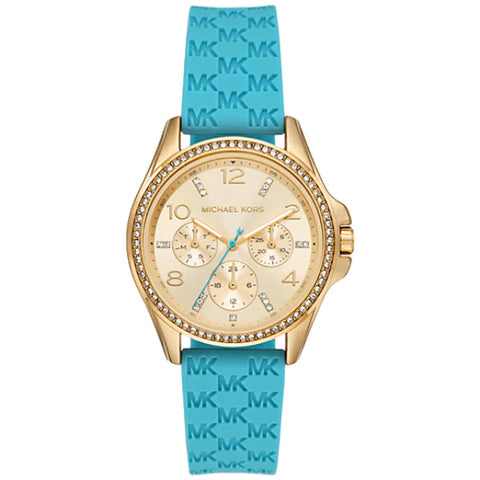 Michael Kors Mini Pilot Quartz Gold Dial Blue Silicone Strap Watch For Women - MK7374