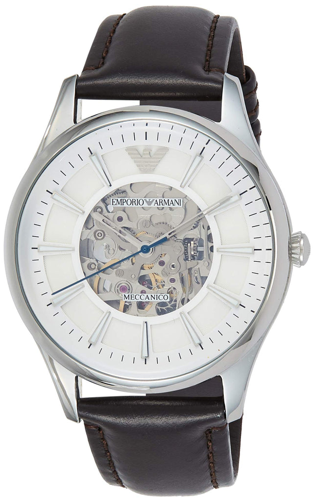 Emporio Armani Meccanico White Dial Brown Leather Strap Watch For Men - AR1946