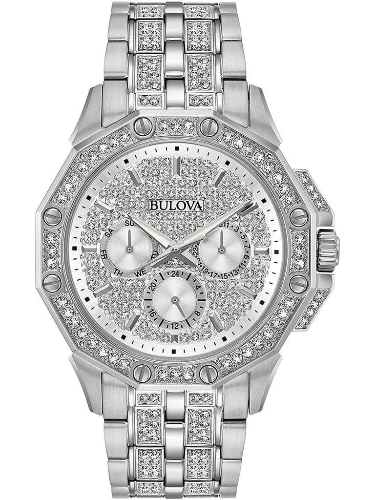 Bulova Crystal Collection Pave Silver Dial with Crystals Silver Steel Strap Watch for Men - 96C134