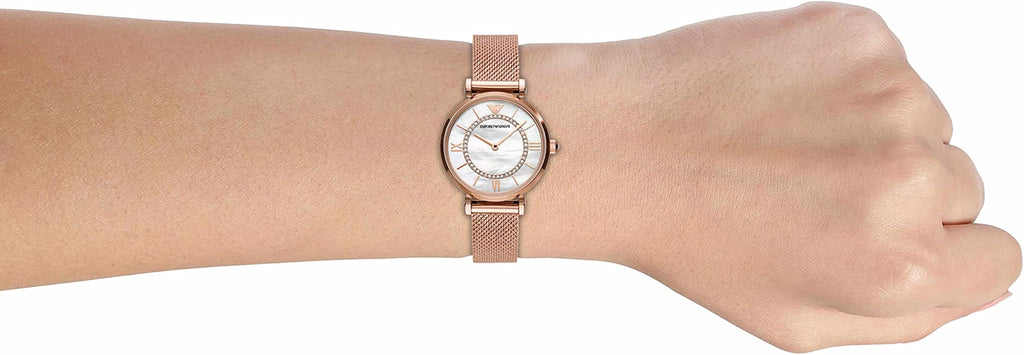 Emporio Armani Gianni T Bar Mother of Pearl Dial Rose Gold Mesh Bracelet Watch For Women - AR11320