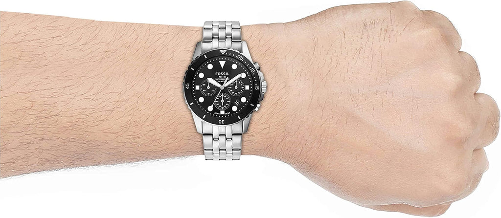 Fossil FS5837 FB-01 Chronograph Men’s Watch – Black Dial with Silver Steel Strap