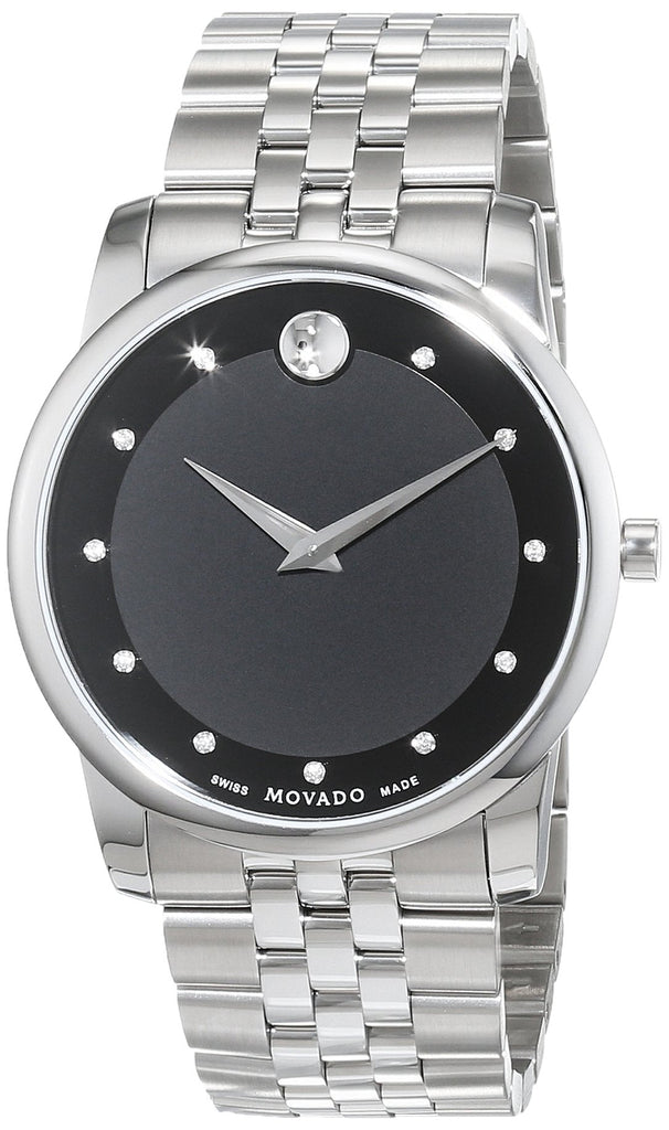 Movado Museum Diamonds Black Dial Silver Steel Strap Watch For Men - 606878