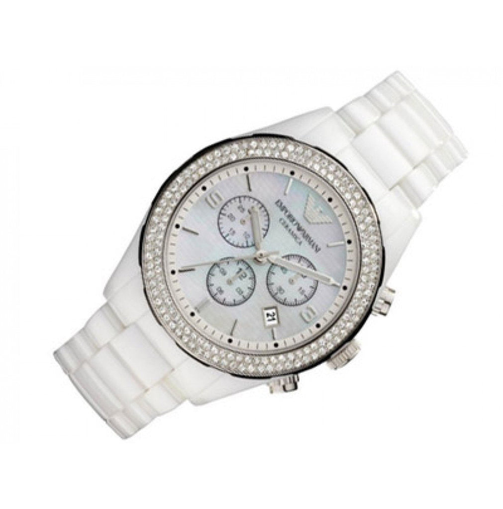 Emporio Armani Ceramica Chronograph White Dial White Ceramic Strap Watch For Women - AR1456
