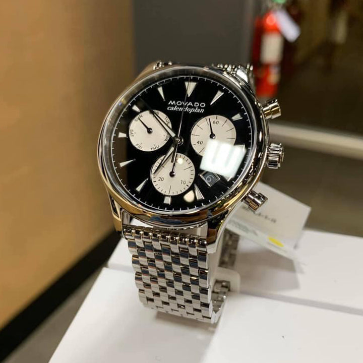 Movado Heritage Calendoplan Chronograph Black Dial Silver Steel Strap Watch for Men - 3650014