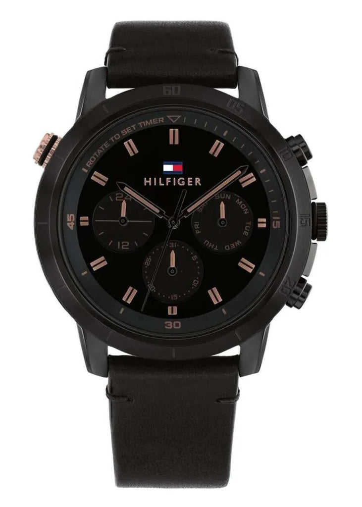 Tommy Hilfiger Troy Chronograph Black Dial Black Leather Strap Watch For Men - 1792110