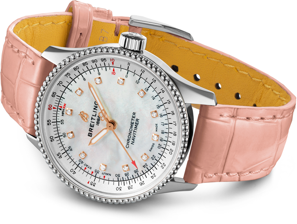Breitling Navitimer Automatic 35 Mother of Pearl Dial Pink Leather Strap Watch for Women - A17395211A1P3