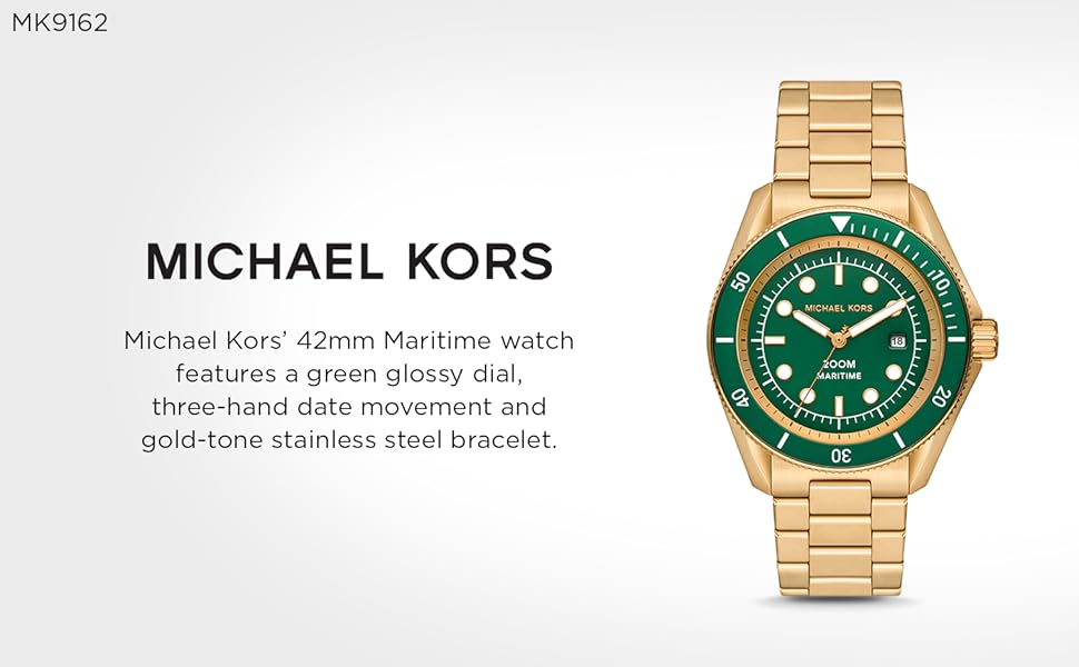 Michael Kors Maritime Analog Green Dial Gold Steel Strap Watch for Men - MK9162