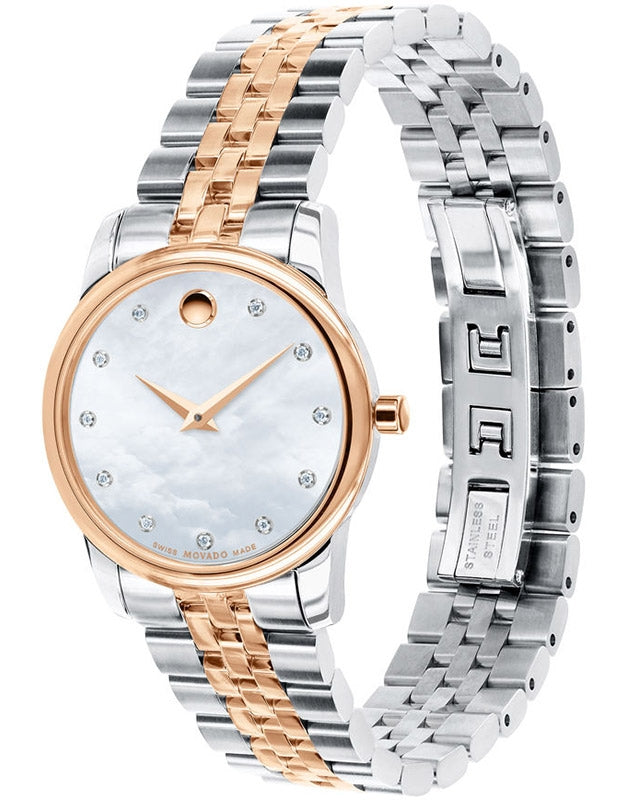 Movado Museum Classic Mother of Pearl White Dial Two Tone Steel Strap Watch for Women - 0607077