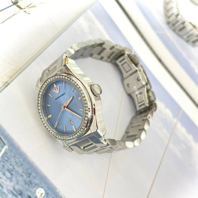 Emporio Armani Federica Three-Hand Date Blue Dial Silver Steel Strap Watch For Women - AR11593