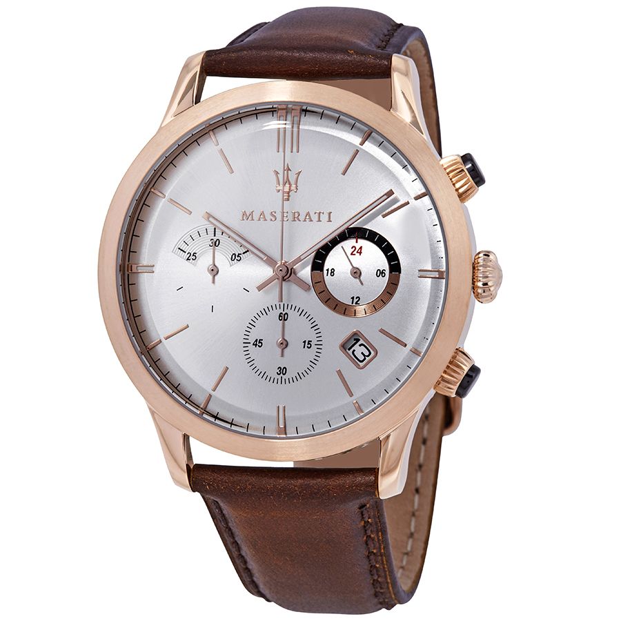 Maserati Ricordo Chronograph Silver Dial Brown Leather Strap Watch For Men - R8871633002