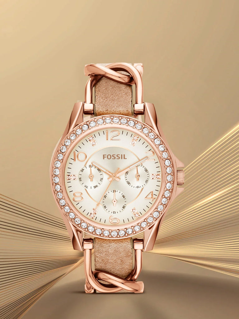 Fossil Riley White Dial Sand Leather Strap Watch for Women - ES3466