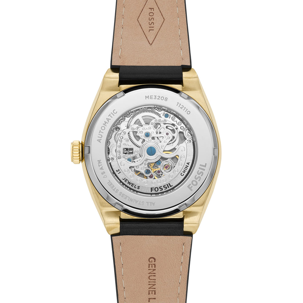 Fossil Everett Automatic Skeleton Black Dial Black Leather Strap Watch for Men - ME3208