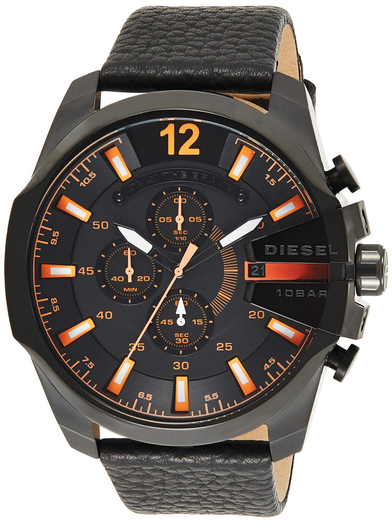 Diesel Mega Chief Chronograph Black Dial Black Leather Strap Watch For Men - DZ4291