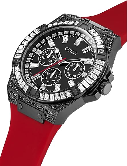 Guess Mainline Multifunction Crystals Black Dial Red Silicone Strap Watch For Men - GW0208G6