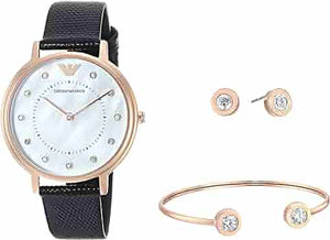 Emporio Armani Kappa Mother of Pearl Dial Black Leather Strap Watch For Women - AR80011
