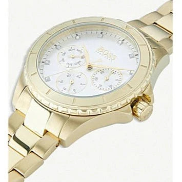 Hugo Boss Premiere White Dial Gold Steel Strap Watch for Women - 1502445
