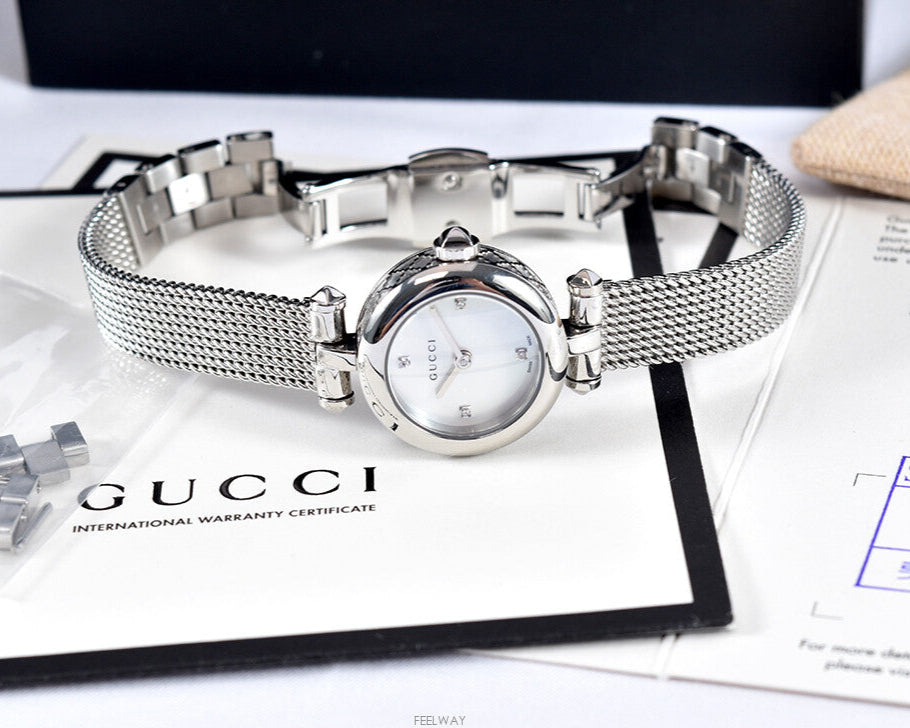 Gucci Diamantissima Diamonds Mother of Pearl Dial Silver Mesh Bracelet Watch for Women - YA141512
