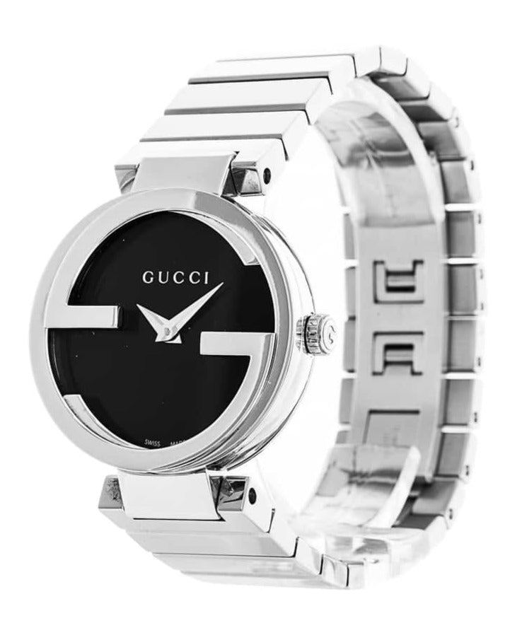 Gucci G Interlocking Black Dial Silver Steel Strap Watch For Women - YA133307