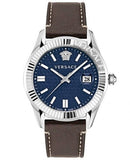 Versace Greca Time Quartz Blue Dial Brown Leather Strap Watch For Men - VE3K00122