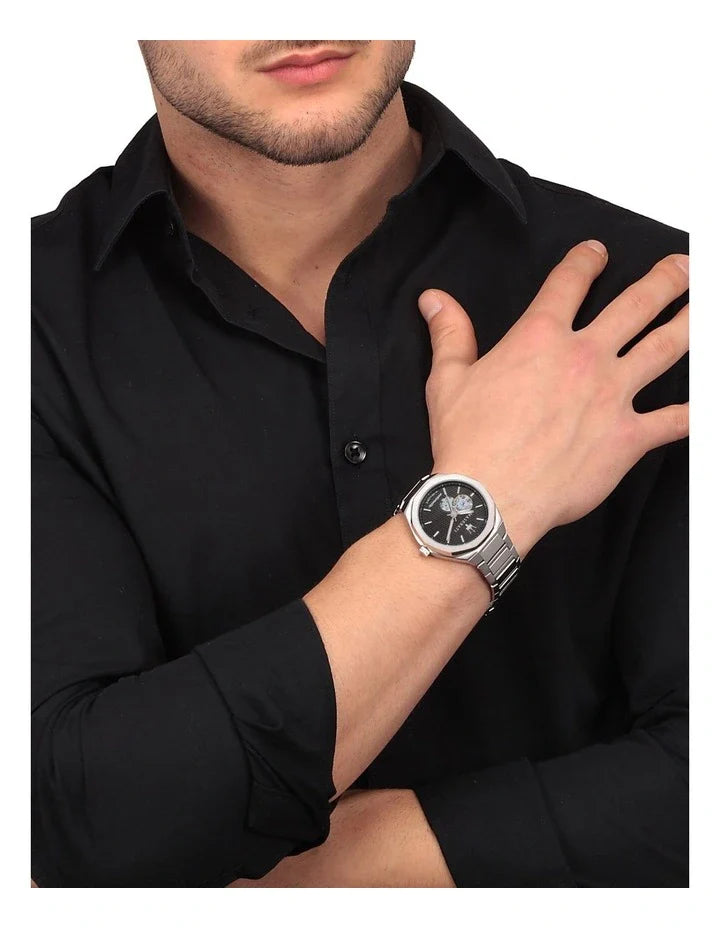 Maserati Stile Skeleton Automatic Black Dial Silver Steel Strap Watch For Men - R8823142002