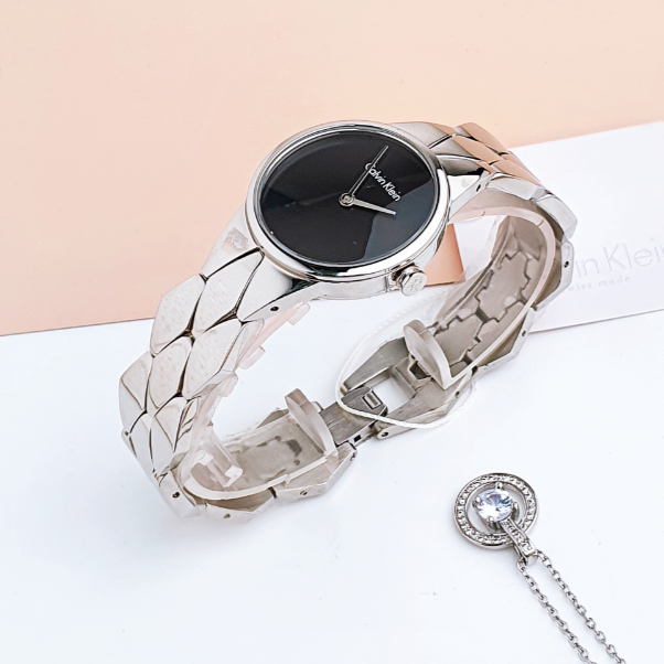 Calvin Klein Snake Black Dial Silver Steel Strap Watch For Women - K6E23141