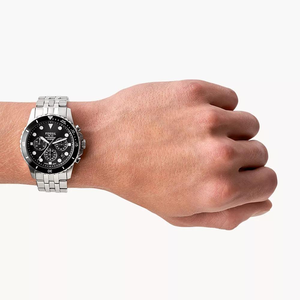 Fossil FS5837 FB-01 Chronograph Men’s Watch – Black Dial with Silver Steel Strap