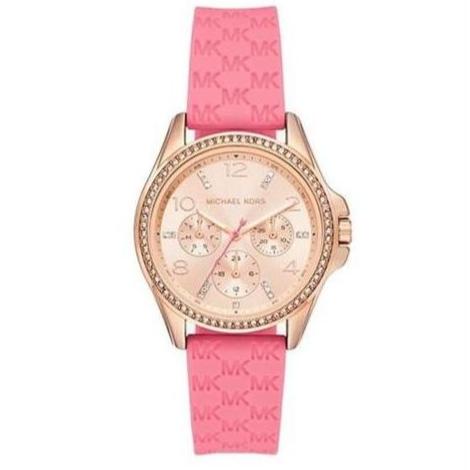 Michael Kors Mini Pilot Quartz Rose Gold Dial Pink Silicone Strap Watch For Women - MK7375
