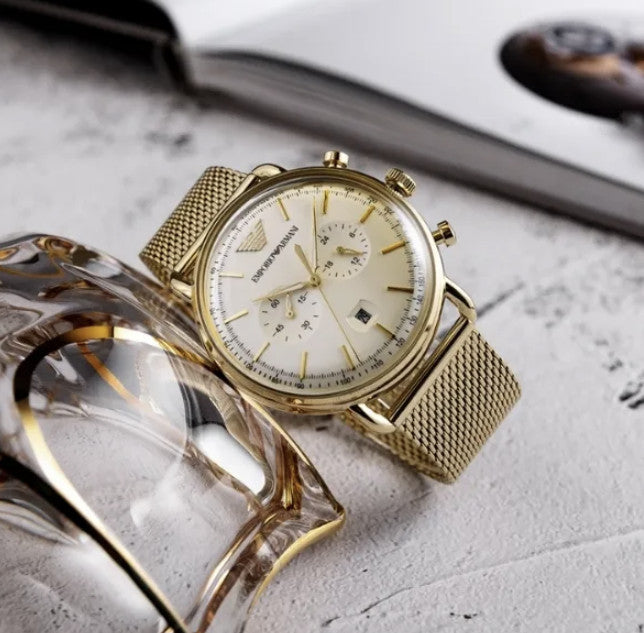 Emporio Armani Aviator Chronograph Quartz Beige Dial Gold Mesh Bracelet Watch For Men - AR11315