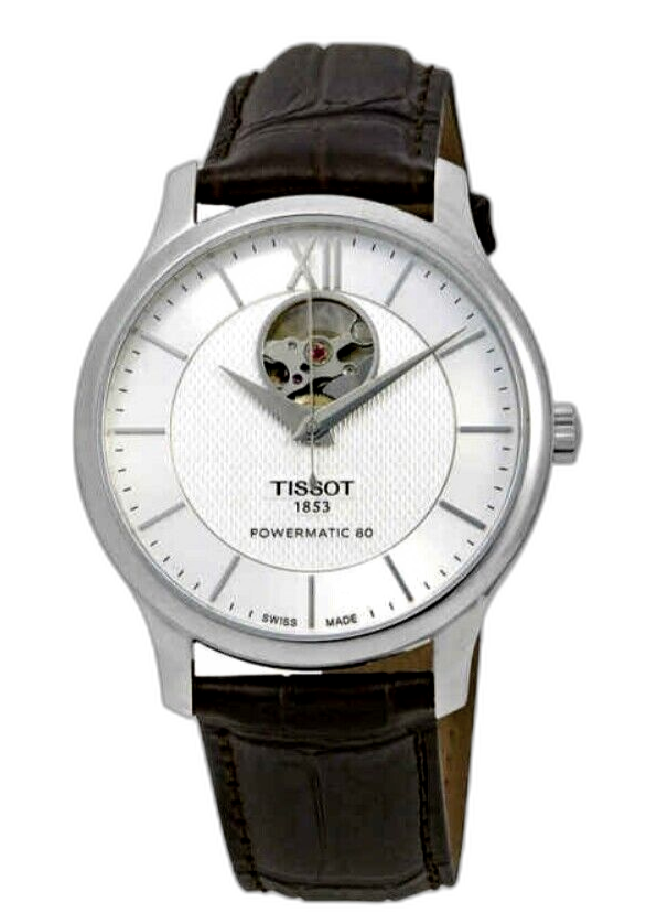 Tissot T Classic Tradition Powermatic 80 Open Heart Silver Dial Brown Leather Strap Watch for Men - T063.907.16.038.00