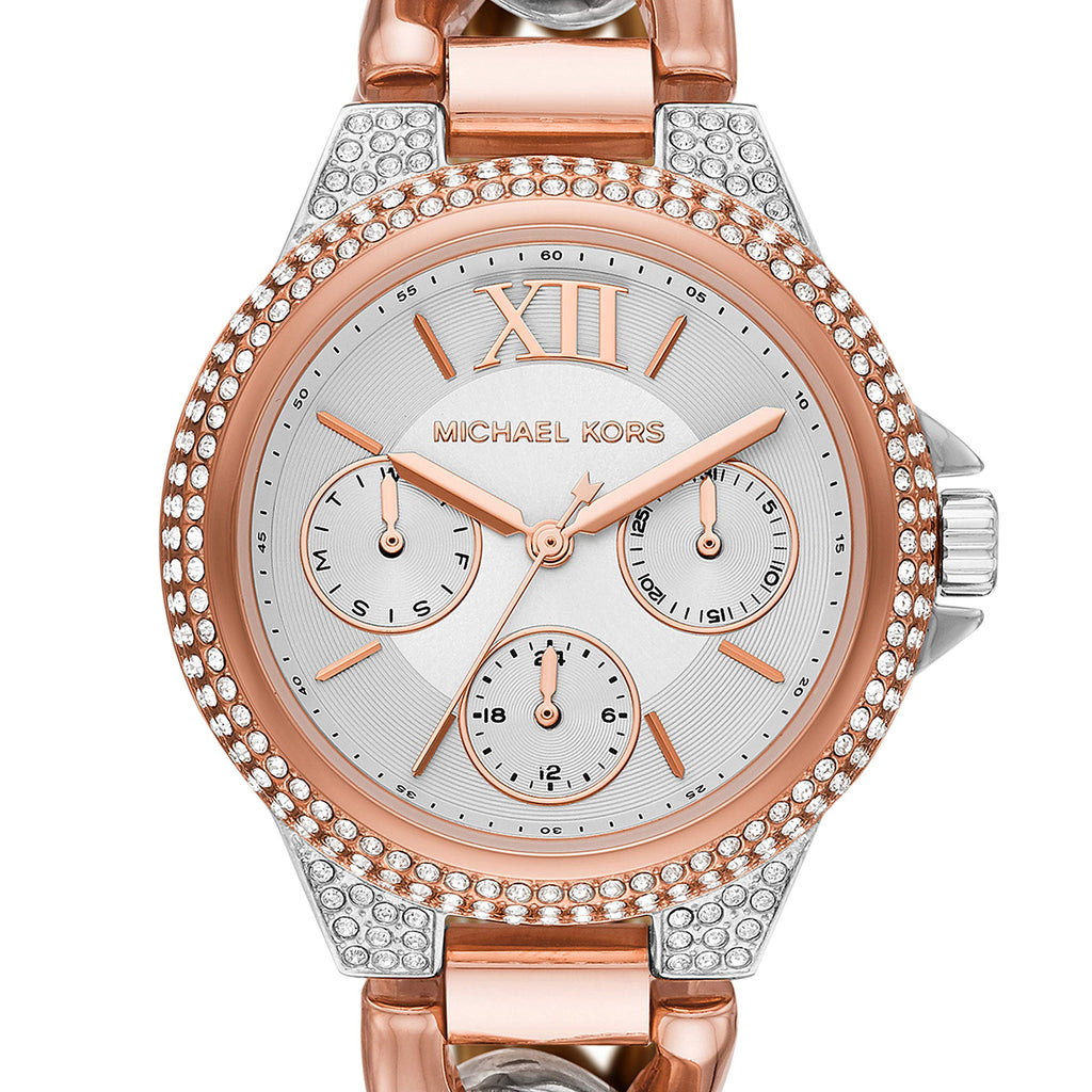 Michael Kors Camille Pavé Chronograph Silver Dial Two Tone Steel Strap Watch for Women - MK6843