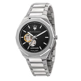 Maserati Stile Skeleton Automatic Black Dial Silver Steel Strap Watch For Men - R8823142002