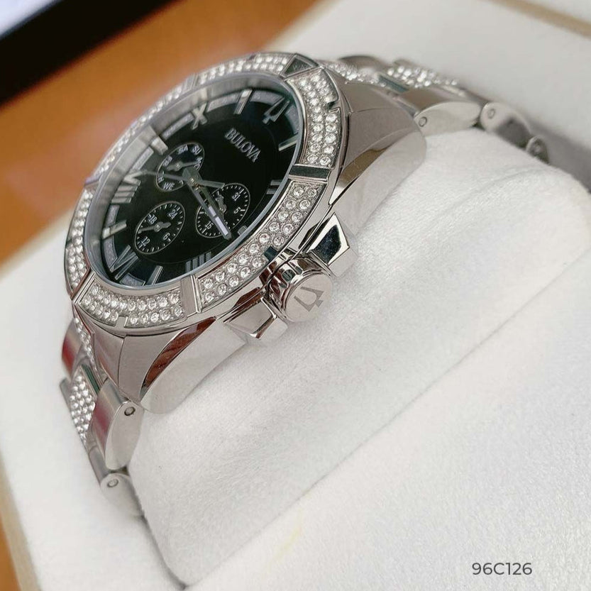 Bulova Crystal Collection Chronograph 96C126 Men's Watch – Black Dial with Two-Tone Steel Strap