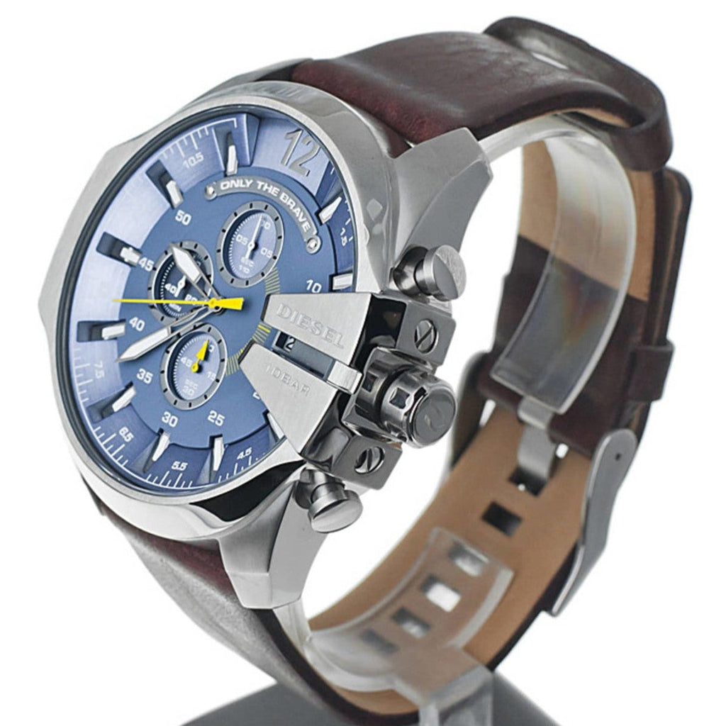 Diesel Mega Chief Chronograph Blue Dial Brown Leather Strap Watch For Men - DZ4281