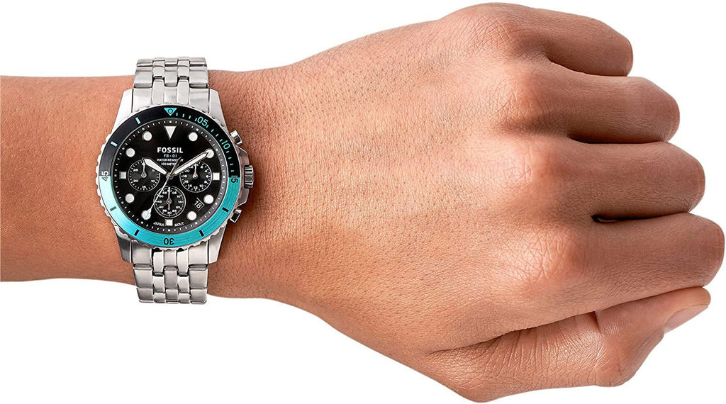 Fossil FS5827 FB-01 Chronograph Men’s Watch – Black Dial with Silver Steel Strap