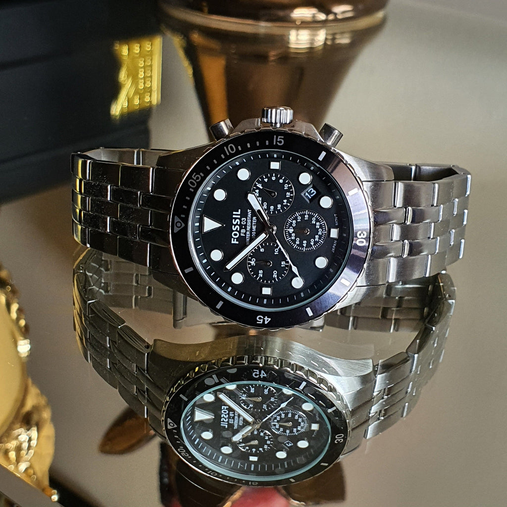 Fossil FS5837 FB-01 Chronograph Men’s Watch – Black Dial with Silver Steel Strap