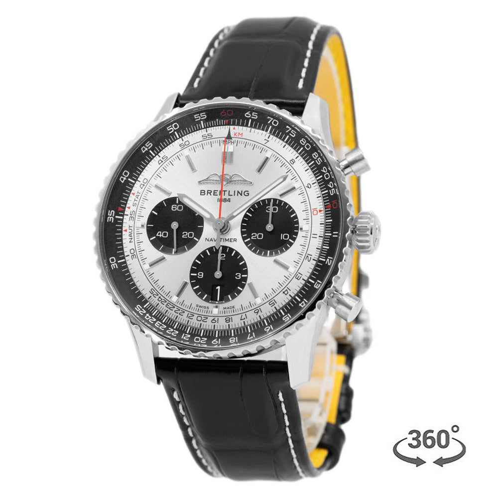 Breitling Navitimer B01 Chronograph 43 Silver Dial Black Leather Strap Watch for Men - AB0138241G1P1