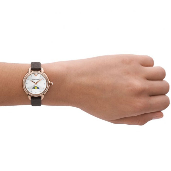 Emporio Armani Mia Moonphase Silver Dial Brown Leather Strap Watch For Women - AR11568