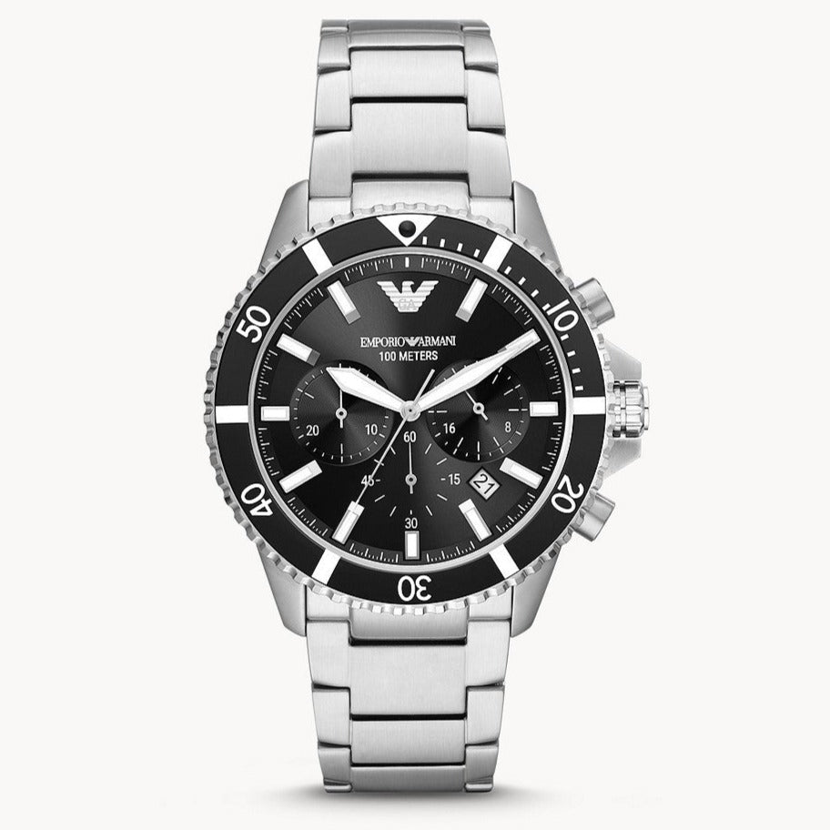 Emporio Armani Diver Chronograph Quartz Black Dial Silver Steel Strap Watch For Men - AR11360