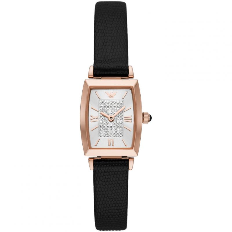 Emporio Armani Gianni T Bar Quartz White Dial Black Leather Strap Watch For Women - AR11408